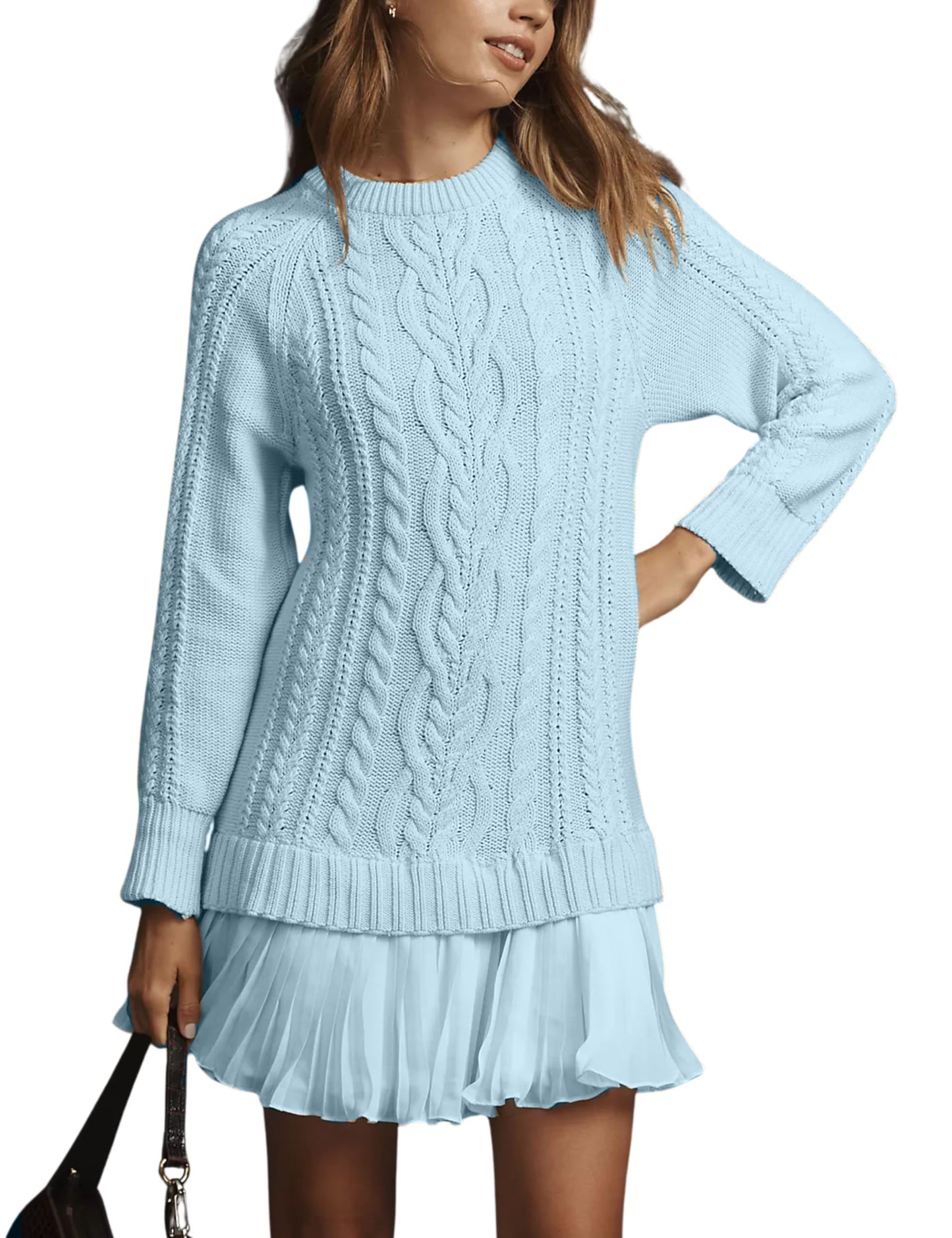 Limited time sale🔥Women Crewneck Cable Knit Sweater Mini Dress
