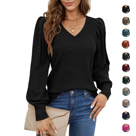 Women's Knit Shirt Soft Puff Long Sleeve Blouse Tops