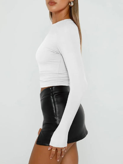 ⏰Hot Sale-Womens Cotton Long Sleeve Shirts Crew Neck Slim Fit Basic Top