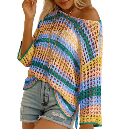 Womens Spring Summer 3/4 Sleeve Crochet Sweater Hollow Out Color Block Striped Tops
