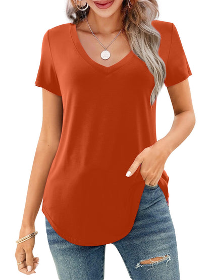 ✨Women's V-neck Short Sleeve Curved Hem Tee Top