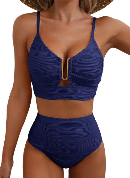 ⏰Hot Sale-Women's U-Wire Cutout Swimsuit High Waisted Textured 2 Piece Bikini Set