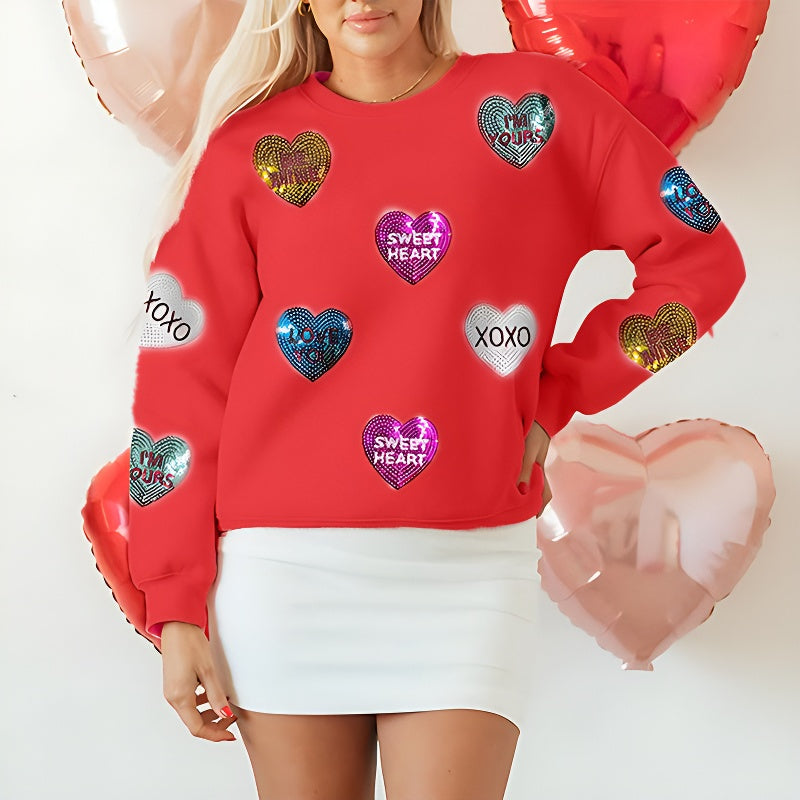 Womens Valentine's Day Sweatshirt with Heart Sequins