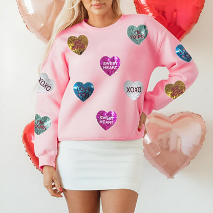 Womens Valentine's Day Sweatshirt with Heart Sequins