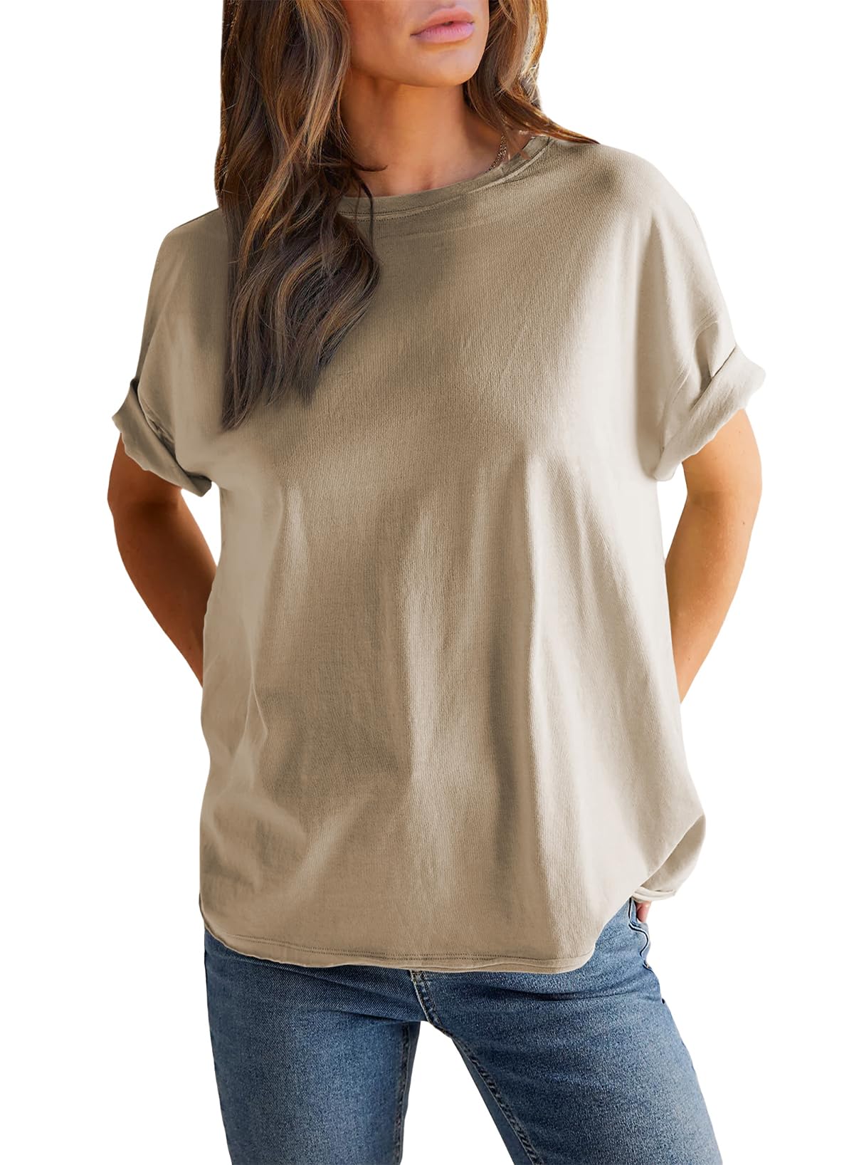 Women’s Round neck solid color short sleeve back spliced T-shirt cotton tee