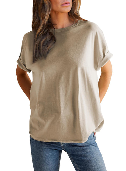 Women’s Round neck solid color short sleeve back spliced T-shirt cotton tee
