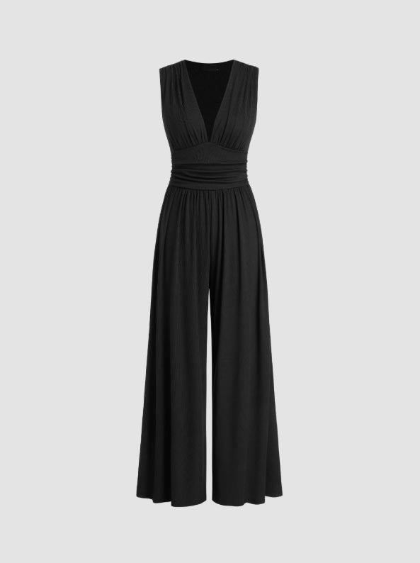 V-neck Ruched Solid Wide Leg Jumpsuit