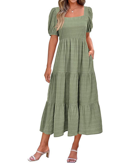 Women's Summer Puff Sleeve Loose Fit Midi Dress （BUY 2 FREE SHIPPING)