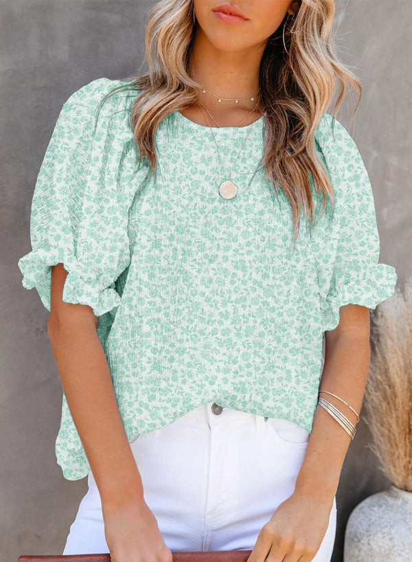 ⏰Hot Sale-Women's Crewneck Smocked Puff Sleeve Floral Print Blouse