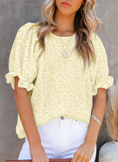 ✨Women's Crewneck Smocked Puff Sleeve Floral Print Blouse