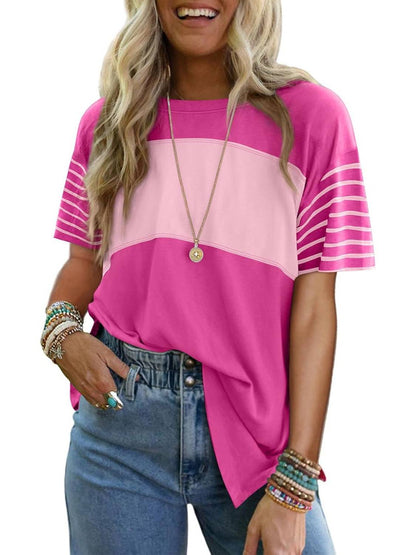 ✨Womens Oversized Crewneck Casual Color Block Striped Shirts Blouses