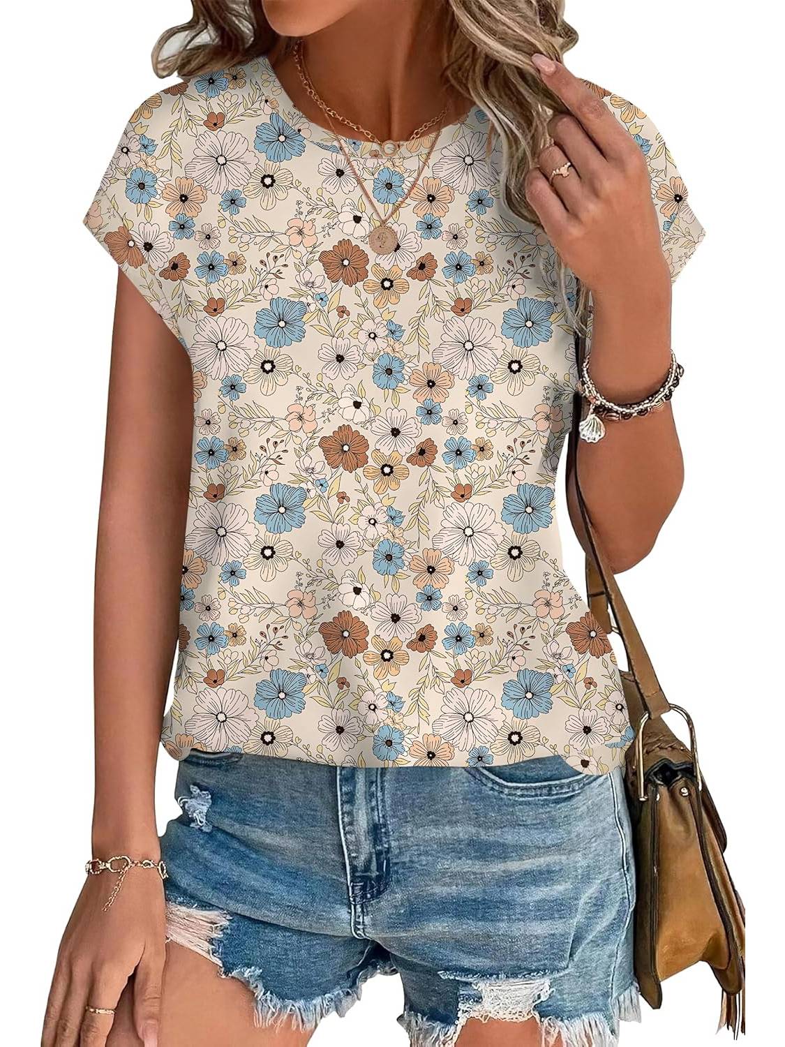 ✨Womens Printing Dressy Casual Cap Sleeve Tops with Curved Hem