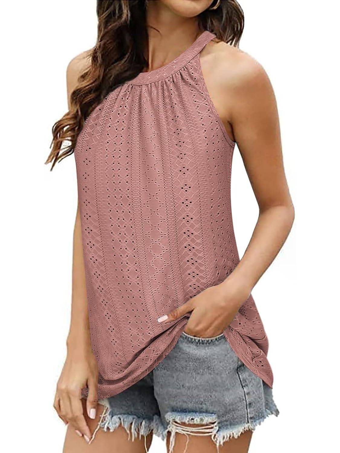 ✨Women Casual Pleated Eyelet Loose Fit High Neck Sleeveless Halter Tank Tops