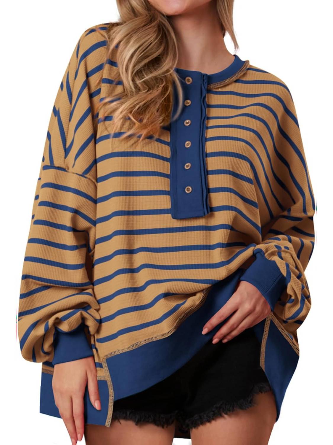 ✨Women's Striped Oversized Button Up Henley Neck Waffle Knit Pullover