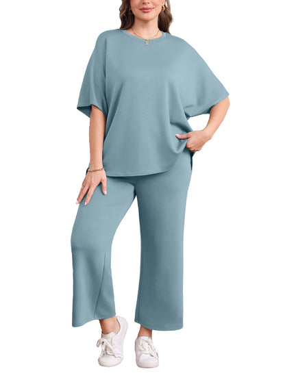 Women Oversized Tshirt and Wide Leg Crop Pants 2 Piece Sets
