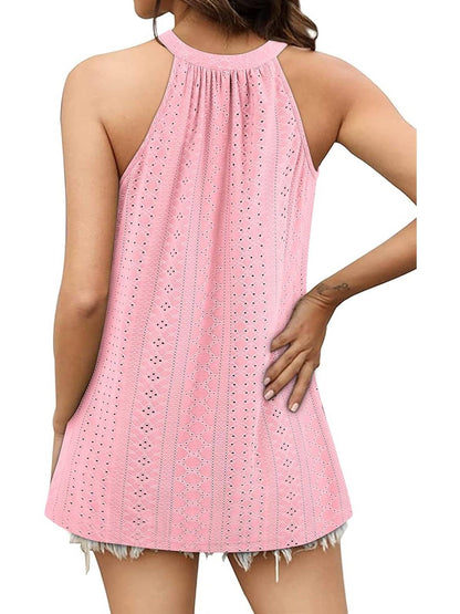 ✨Women Casual Pleated Eyelet Loose Fit High Neck Sleeveless Halter Tank Tops