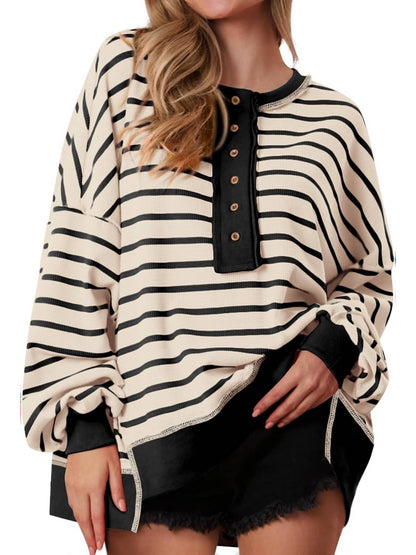 ✨Women's Striped Oversized Button Up Henley Neck Waffle Knit Pullover