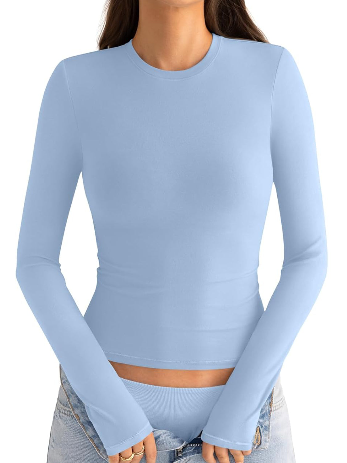 ⏰Hot Sale-Womens Cotton Long Sleeve Shirts Crew Neck Slim Fit Basic Top