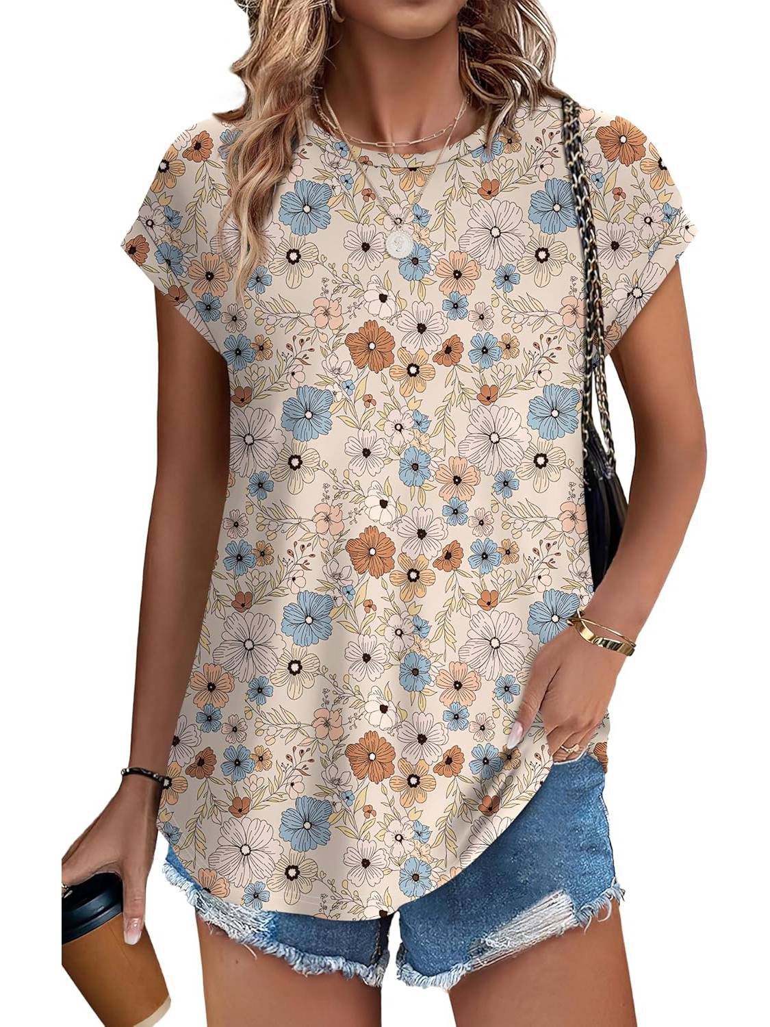 ✨Womens Printing Dressy Casual Cap Sleeve Tops with Curved Hem