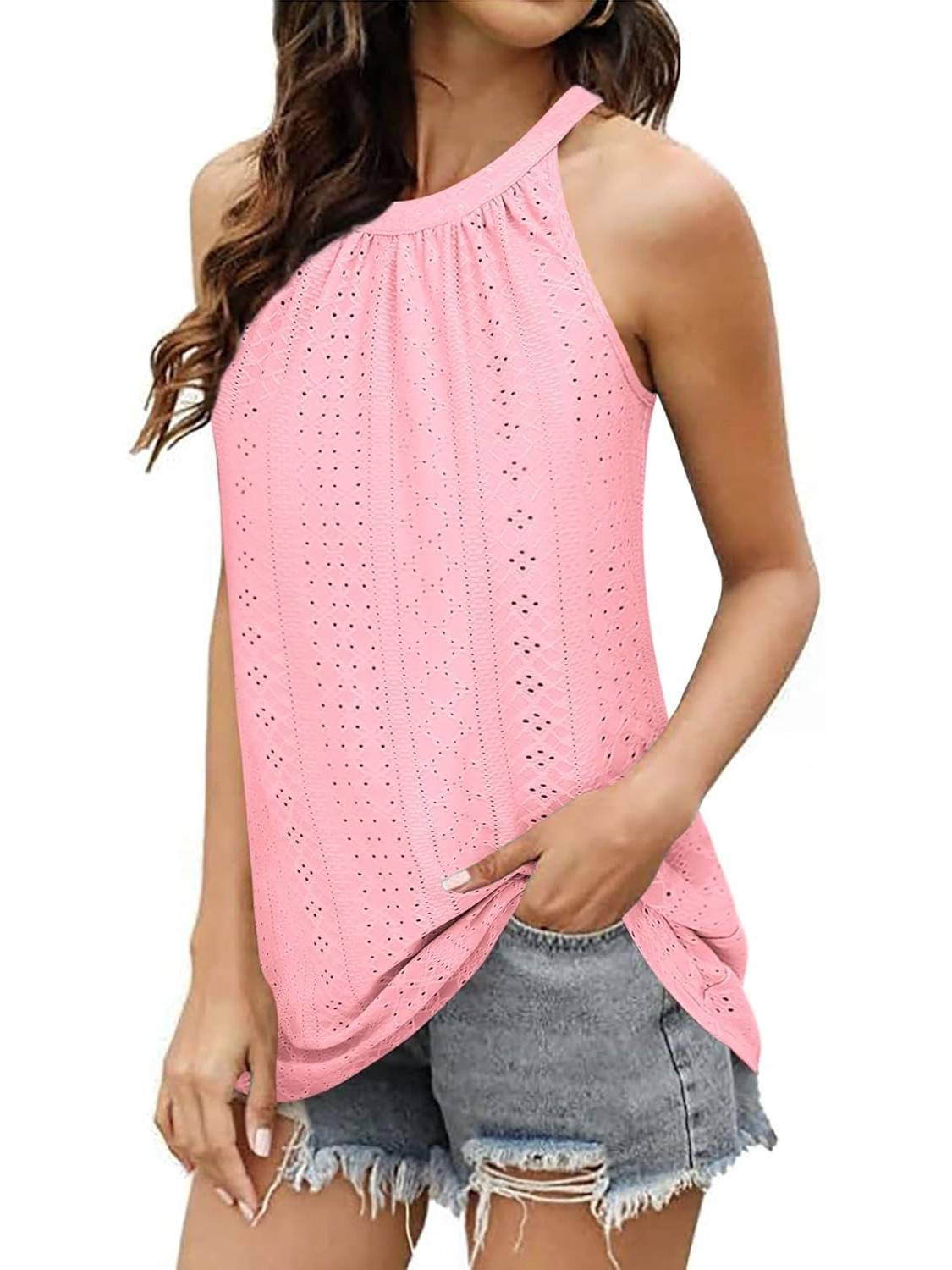 ✨Women Casual Pleated Eyelet Loose Fit High Neck Sleeveless Halter Tank Tops