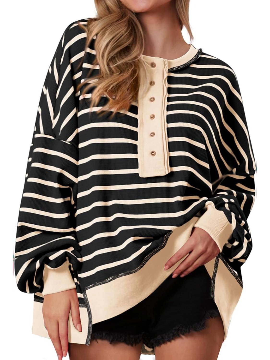 ✨Women's Striped Oversized Button Up Henley Neck Waffle Knit Pullover