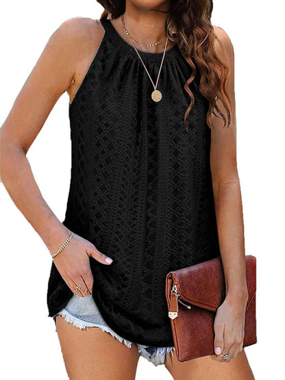 ✨Women Casual Pleated Eyelet Loose Fit High Neck Sleeveless Halter Tank Tops