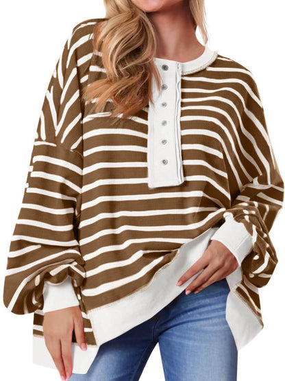 ✨Women's Striped Oversized Button Up Henley Neck Waffle Knit Pullover