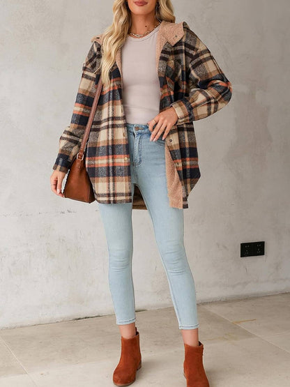 ✨Women's Flannel Hooded Button down Fleece Plaid Shacket