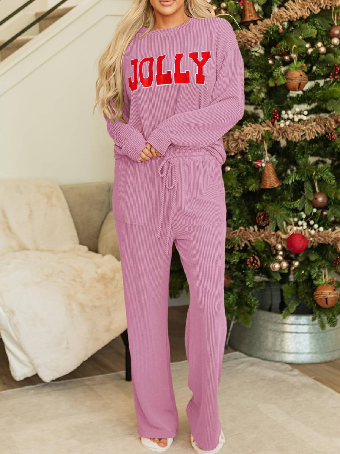 ✨Womens JOLLY Graphic Christmas Ribbed Long Sleeve Top & Pants 2 Piece Set