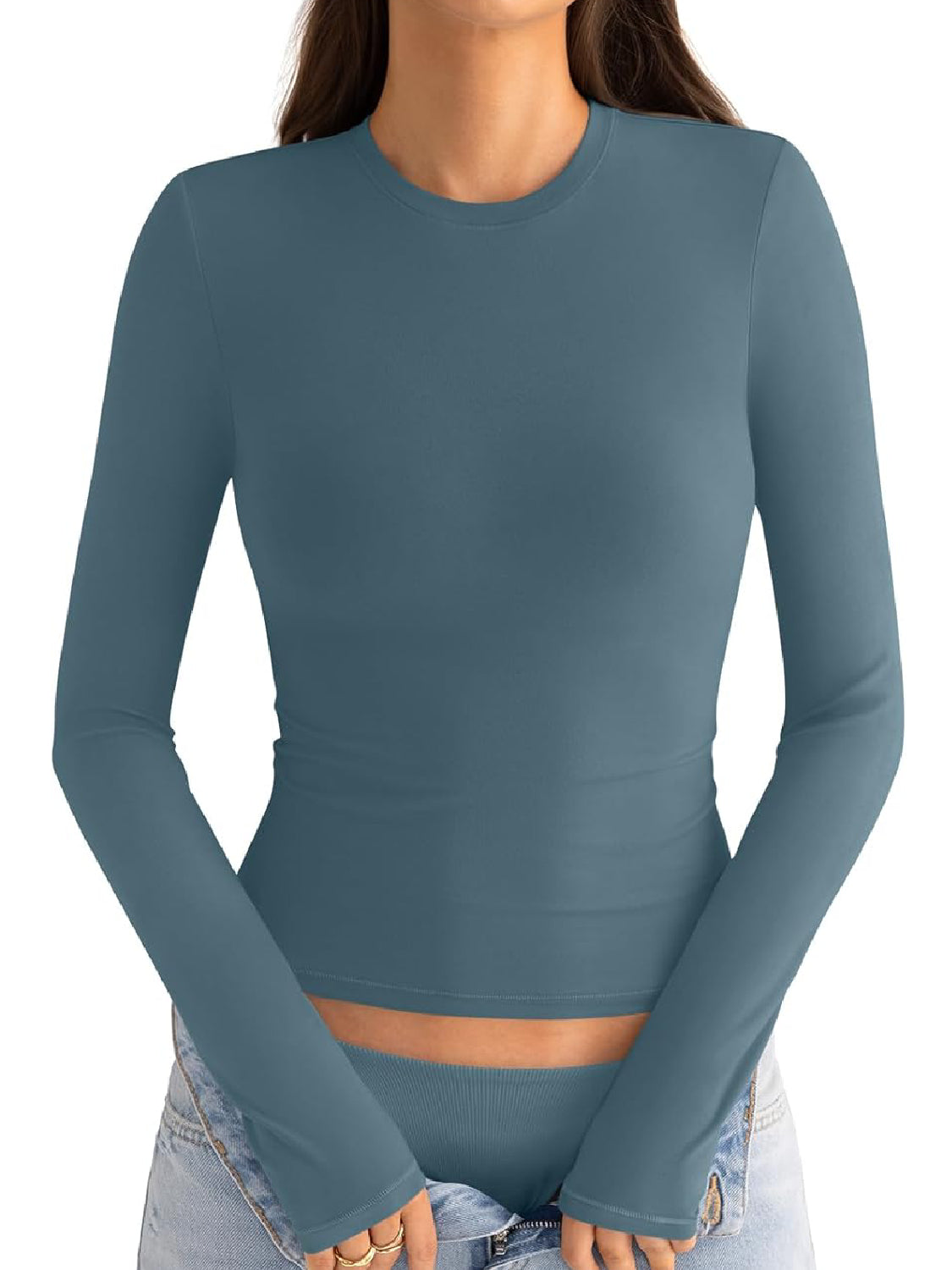 ⏰Hot Sale-Womens Cotton Long Sleeve Shirts Crew Neck Slim Fit Basic Top