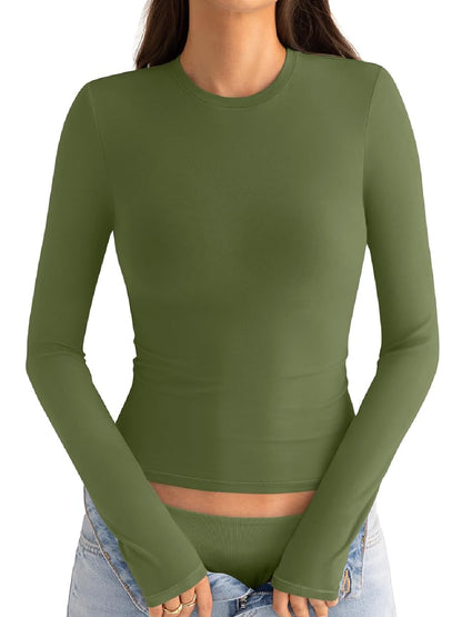 ⏰Hot Sale-Womens Cotton Long Sleeve Shirts Crew Neck Slim Fit Basic Top