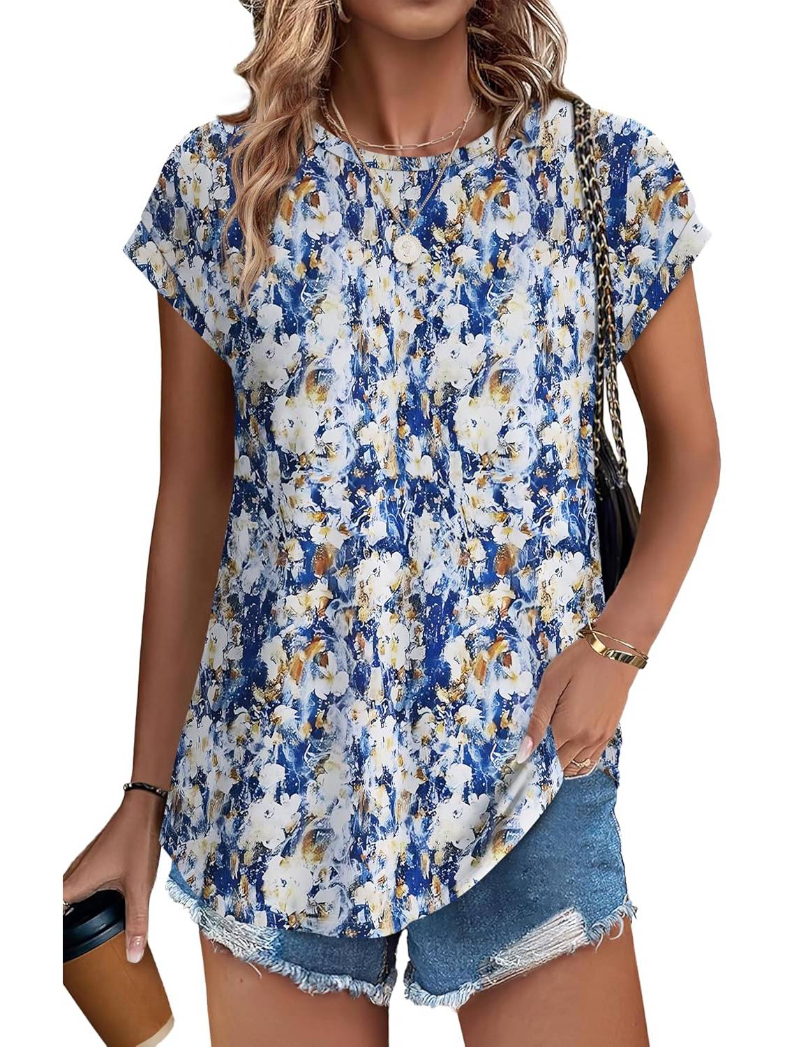 ✨Womens Printing Dressy Casual Cap Sleeve Tops with Curved Hem