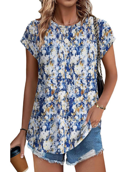 ✨Womens Printing Dressy Casual Cap Sleeve Tops with Curved Hem
