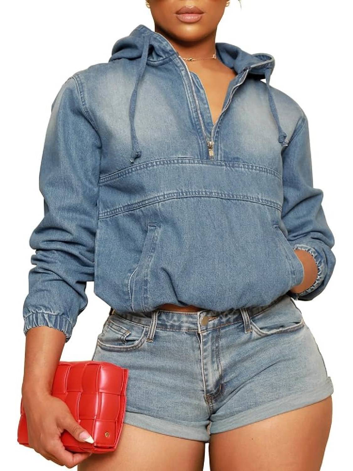 Women's Half Zip Denim Hoodie Pullover Jackets With Pocket