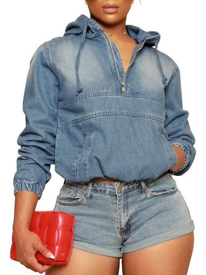 Women's Half Zip Denim Hoodie Pullover Jackets With Pocket