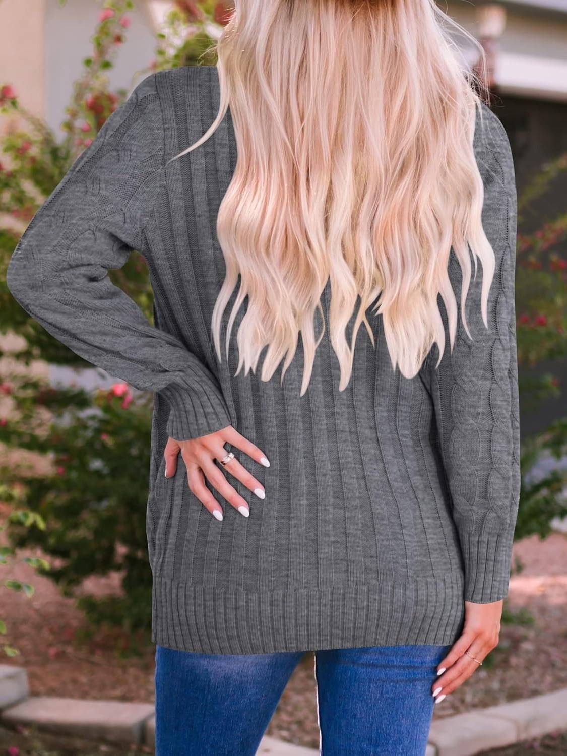 Women's Fall Casual Long Sleeve Button Down Open Front Cable Knit Cardigan