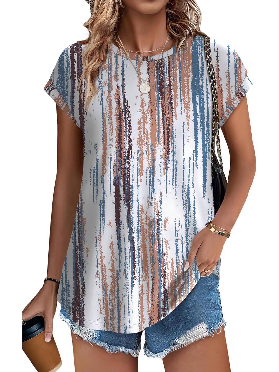 ✨Womens Printing Dressy Casual Cap Sleeve Tops with Curved Hem