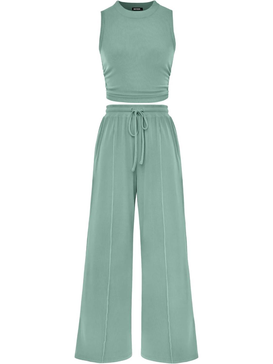 Women Crew Neck Sleeveless Cropped Top Elastic Waist Wide Leg Pants 2 Piece Set