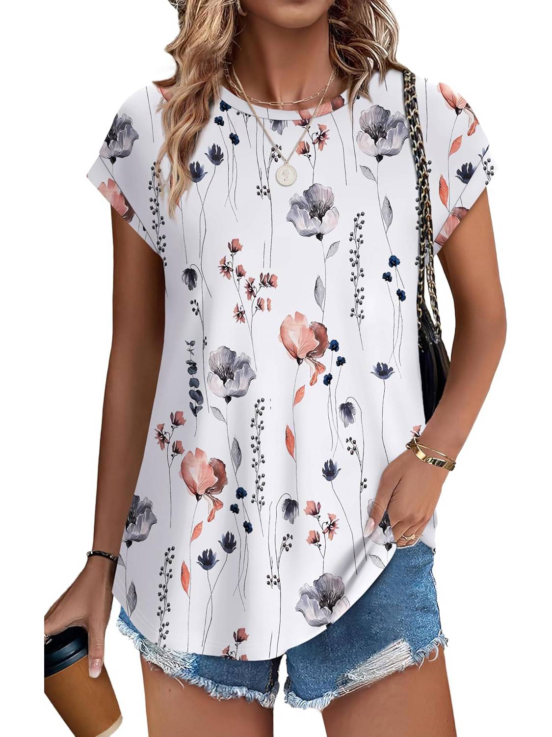 ✨Womens Printing Dressy Casual Cap Sleeve Tops with Curved Hem