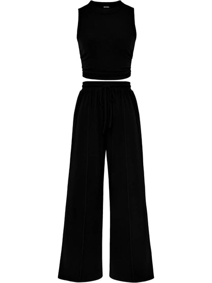 Women Crew Neck Sleeveless Cropped Top Elastic Waist Wide Leg Pants 2 Piece Set