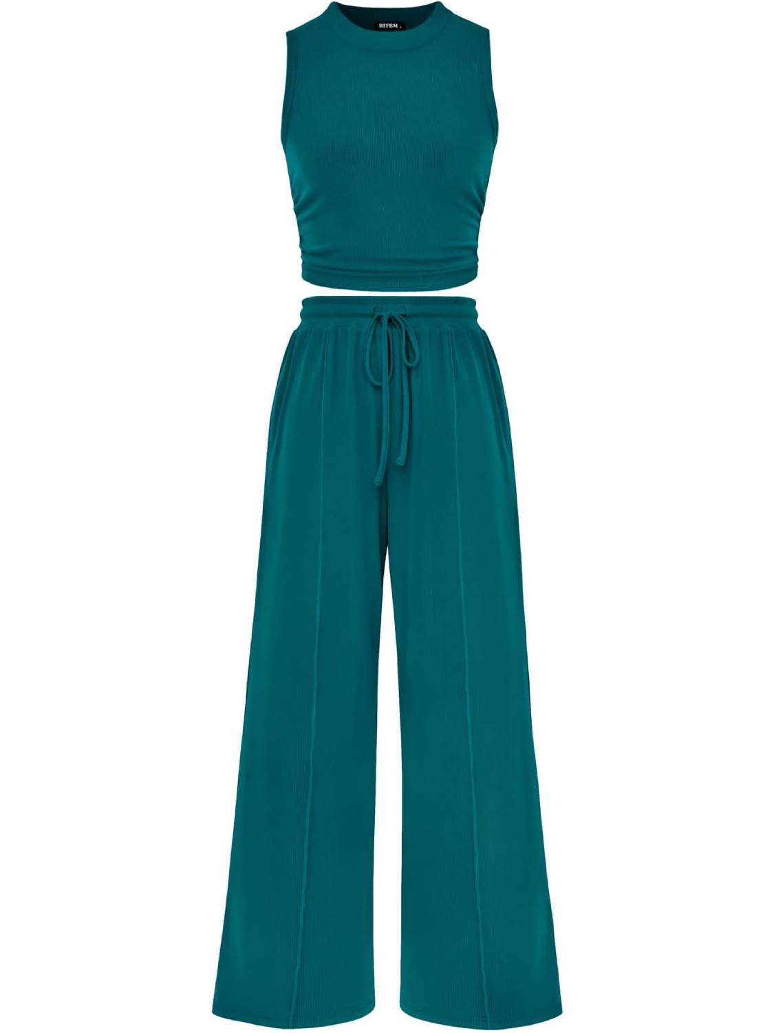 Women Crew Neck Sleeveless Cropped Top Elastic Waist Wide Leg Pants 2 Piece Set