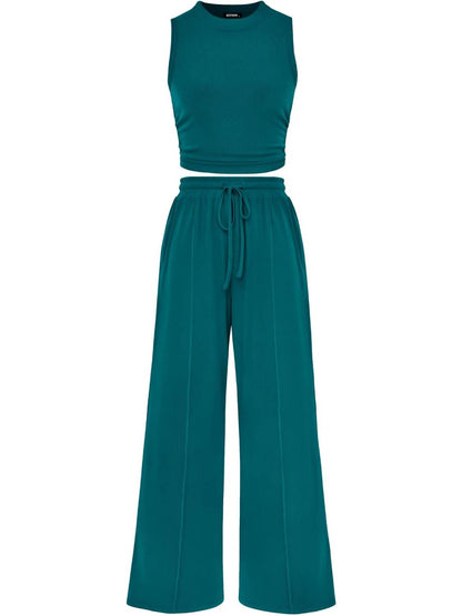 Women Crew Neck Sleeveless Cropped Top Elastic Waist Wide Leg Pants 2 Piece Set