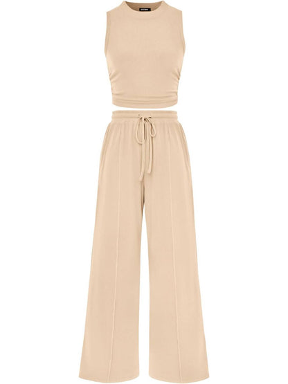Women Crew Neck Sleeveless Cropped Top Elastic Waist Wide Leg Pants 2 Piece Set
