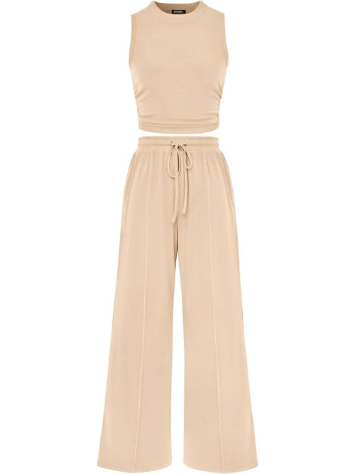 Women Crew Neck Sleeveless Cropped Top Elastic Waist Wide Leg Pants 2 Piece Set