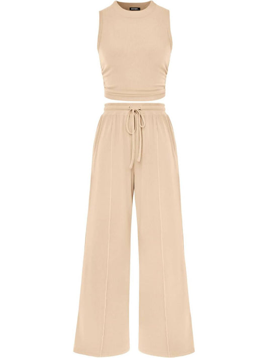 Women Crew Neck Sleeveless Cropped Top Elastic Waist Wide Leg Pants 2 Piece Set