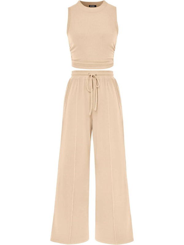 Limited time sale🔥Women Sleeveless Cropped Top Elastic Waist Wide Leg Pants 2 Piece Set