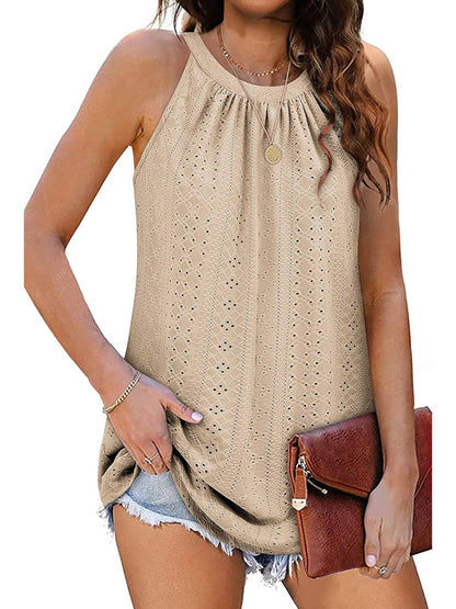 ✨Women Casual Pleated Eyelet Loose Fit High Neck Sleeveless Halter Tank Tops