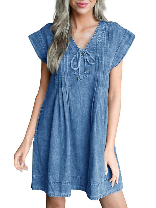 ✨Women's V-neck Pleated Denim Dress With Pockets