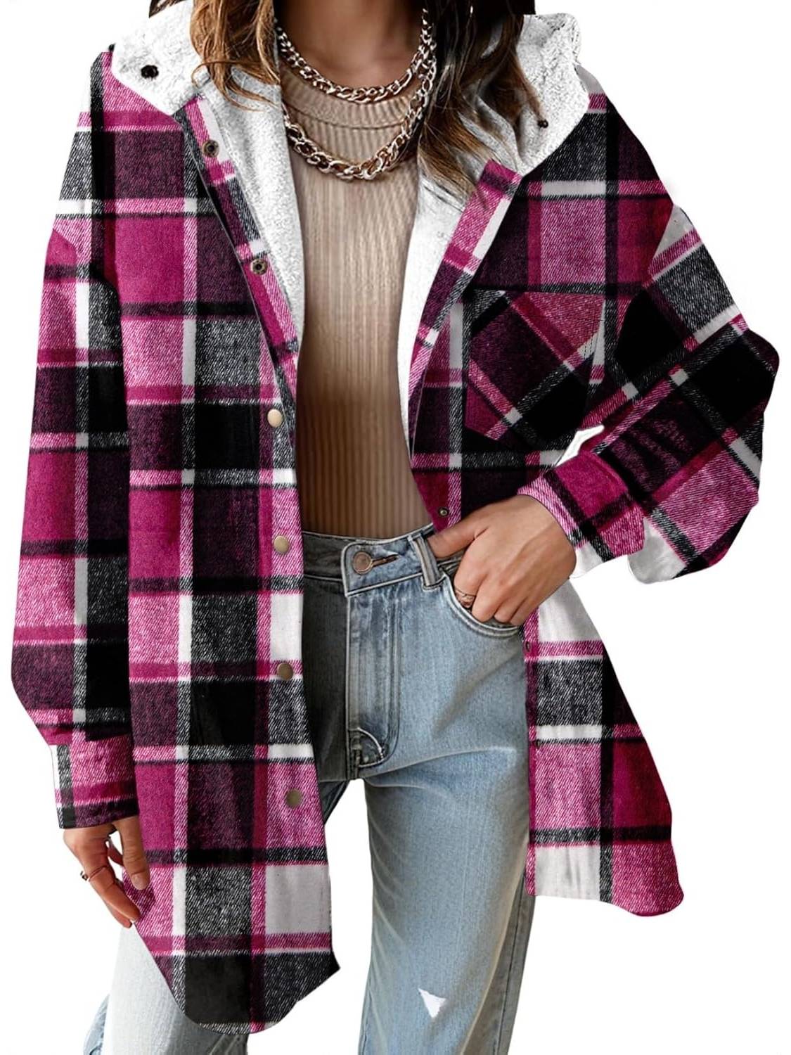 ✨Women's Flannel Hooded Button down Fleece Plaid Shacket