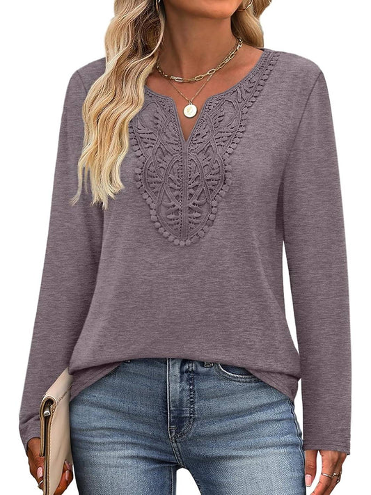 ✨Women Dressy Casual Lace V Neck Long Sleeve Shirts Blouses